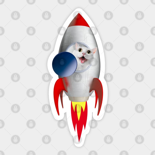 Funny Rocket Kitty (White Kitty) Sticker by leBoosh-Designs